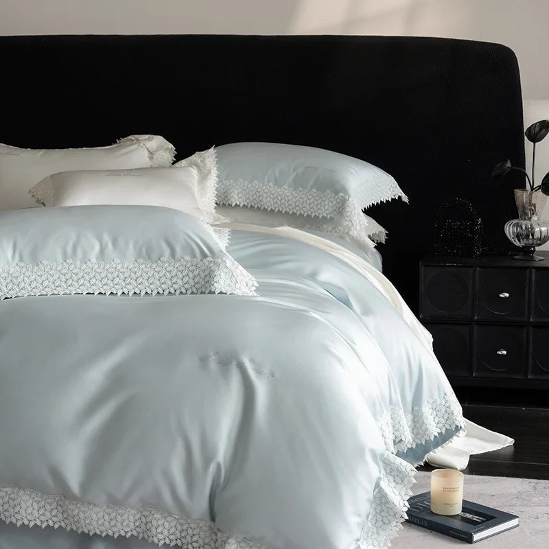 Duvet Cover Set Breathable Satin Crochet Lace Pillowcases Included