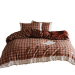 Duvet Cover Set Checked Cotton Reversible Lace Trim