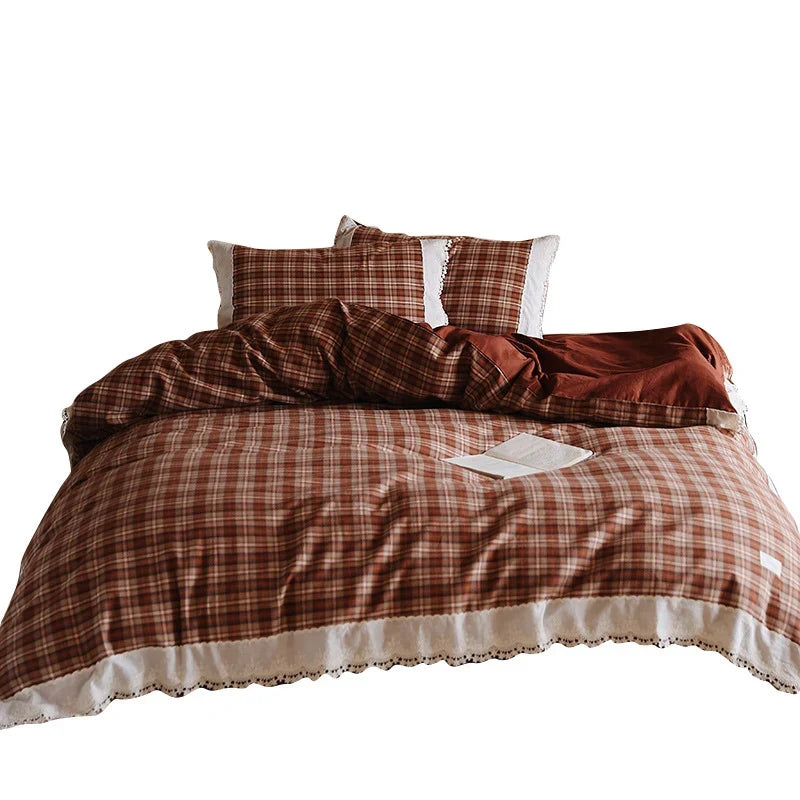 Duvet Cover Set Checked Cotton Reversible Lace Trim