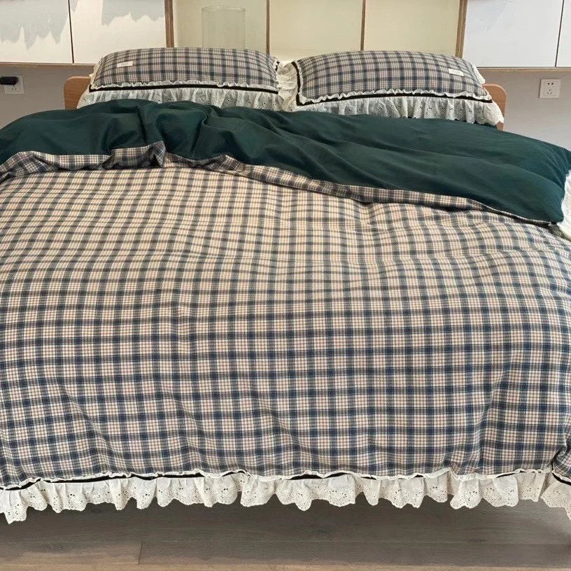 Duvet Cover Set Checked Cotton Reversible Lace Trim
