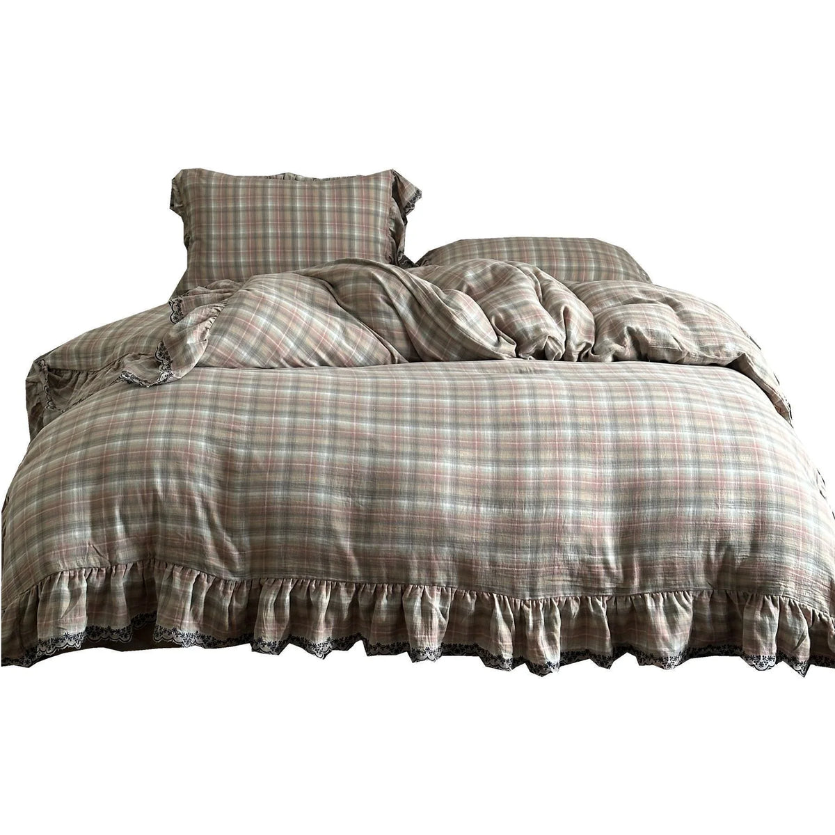 Duvet Cover Set Classic Check Ruffle & Lace Trim 4-Piece