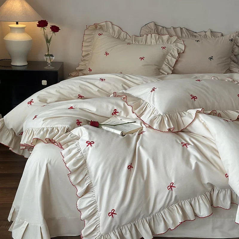 Duvet Cover Set Cotton-Blend Satin-Like Embroidered Bows Ruffled Trim