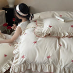 Duvet Cover Set Cotton-Blend Satin-Like Embroidered Bows Ruffled Trim