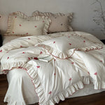 Duvet Cover Set Cotton-Blend Satin-Like Embroidered Bows Ruffled Trim