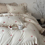 Duvet Cover Set Cotton-Blend Satin-Like Embroidered Bows Ruffled Trim