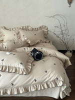 Duvet Cover Set Cotton-Blend Satin-Like Embroidered Bows Ruffled Trim