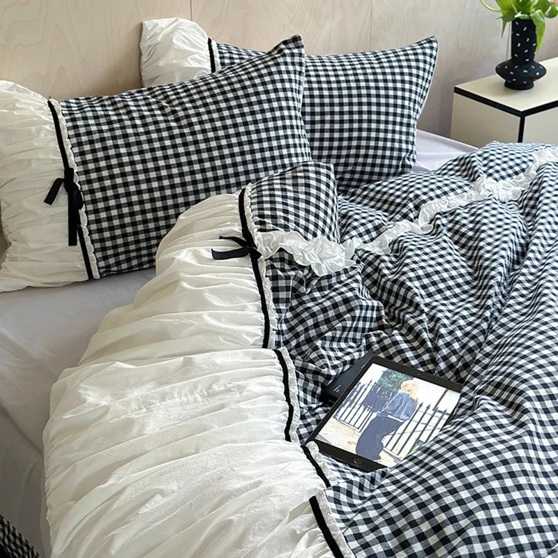 Duvet Cover Set Cotton Blend Vichy Check 4-Piece