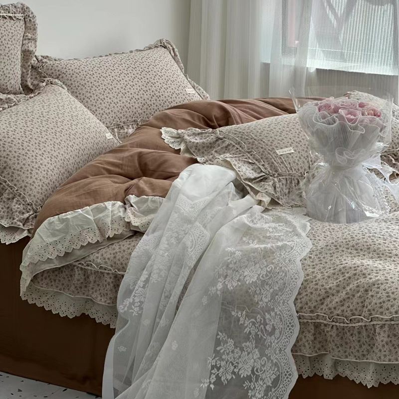 Duvet Cover Set Cotton Cambric Breathable Ruffled Lace
