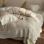 Duvet Cover Set Cotton-Linen Blend Floral Embroidery Lace Trim