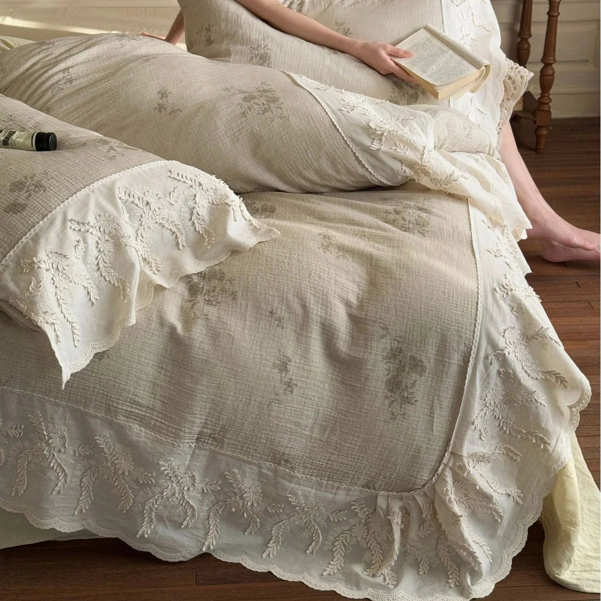 Duvet Cover Set Cotton-Linen Blend Floral Embroidery Lace Trim
