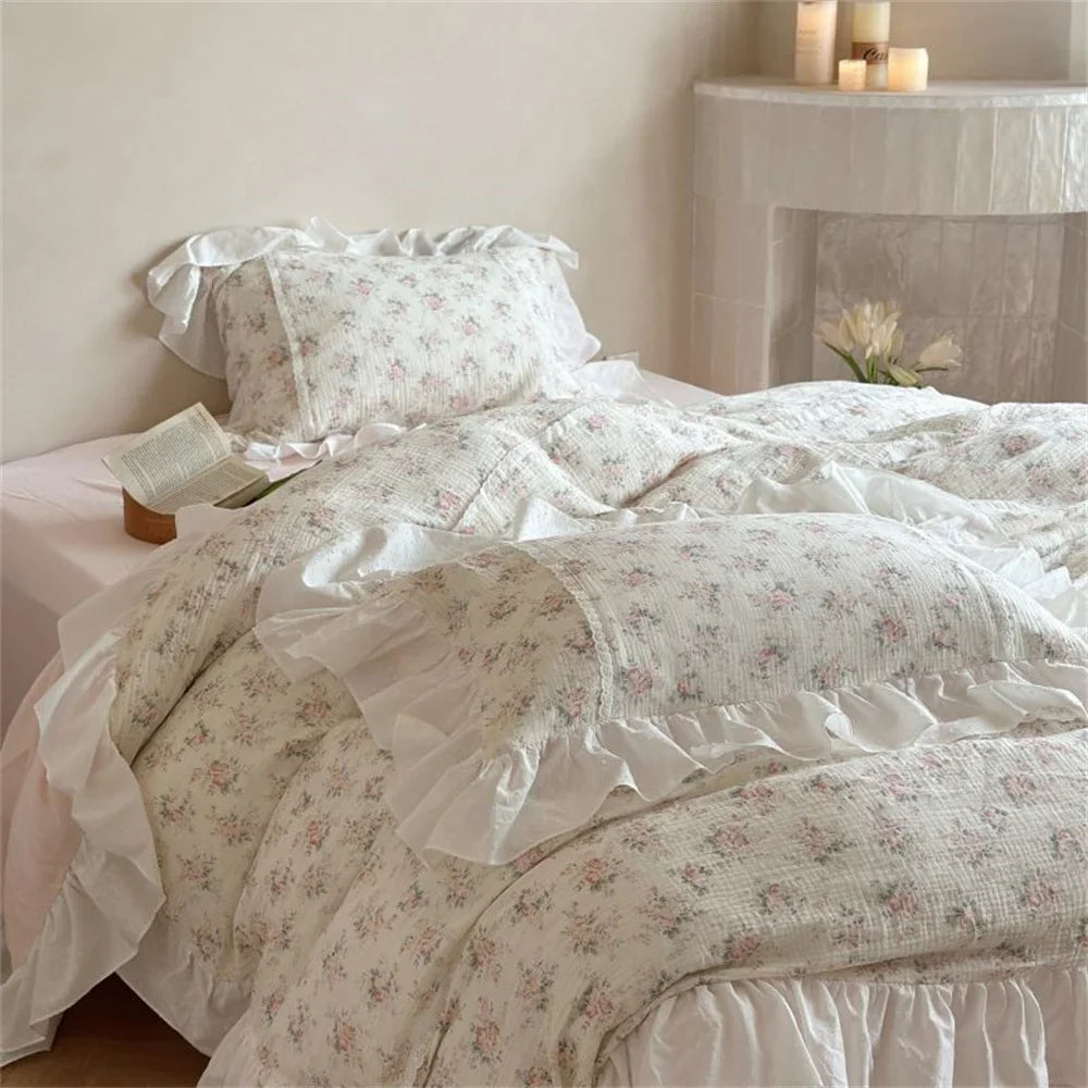 Duvet Cover Set Cotton-Linen Breathable Floral & Double Ruffle