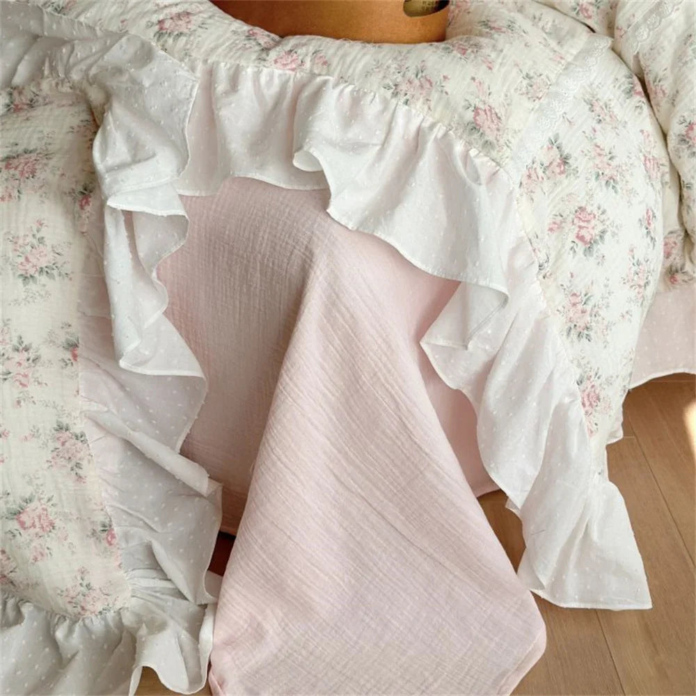 Duvet Cover Set Cotton-Linen Breathable Floral & Double Ruffle