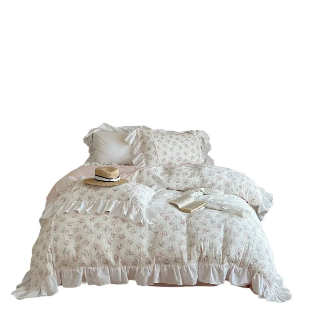 Duvet Cover Set Cotton-Linen Breathable Floral & Double Ruffle