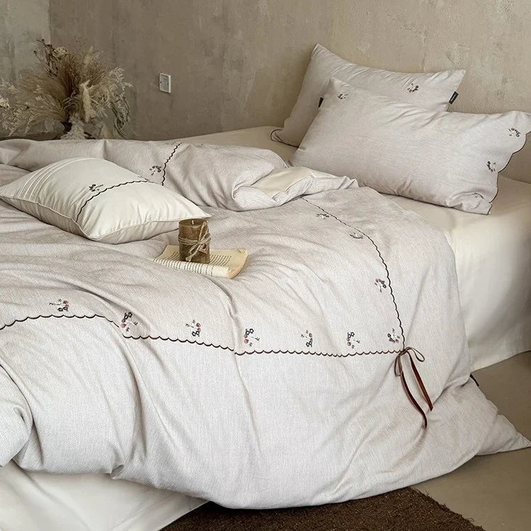 Duvet Cover Set Cotton-Linen Breathable Floral Embroidery