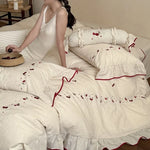 Duvet Cover Set Cotton-Linen Embroidered Cherry & Ruffle 4-Piece