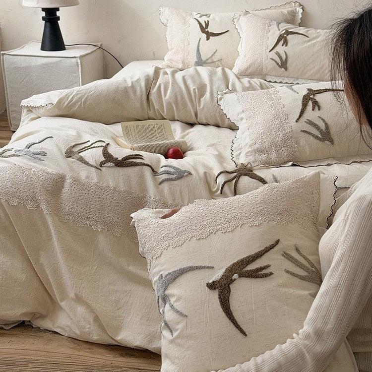 Duvet Cover Set Cotton-Linen Embroidered Swallow & Lace 4-Piece