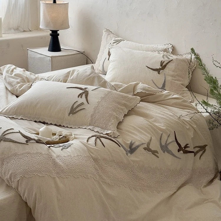 Duvet Cover Set Cotton-Linen Embroidered Swallow & Lace 4-Piece