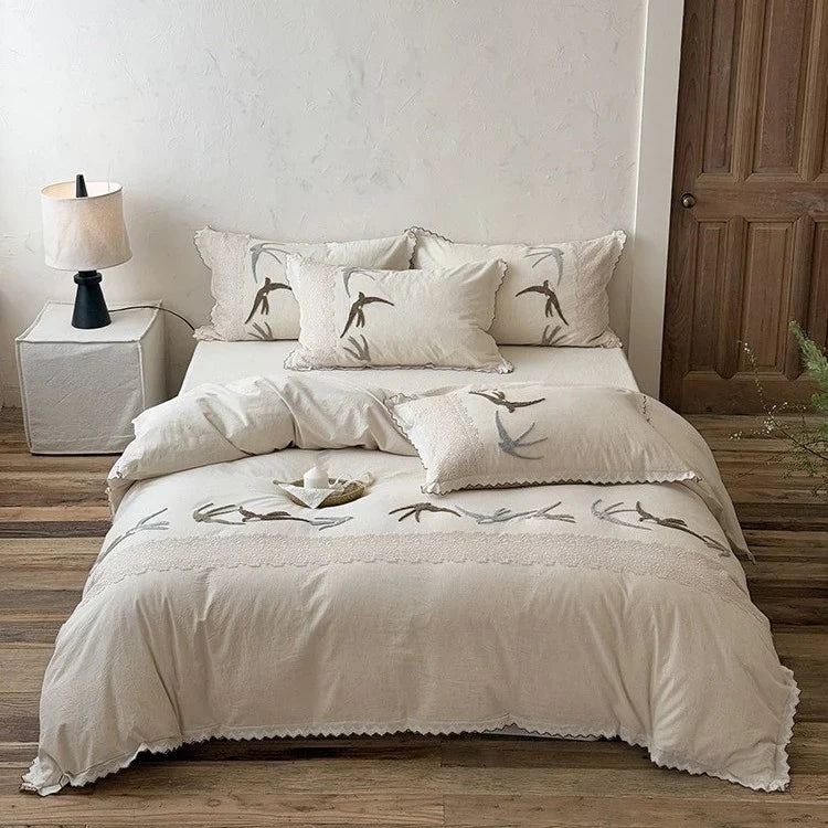Duvet Cover Set Cotton-Linen Embroidered Swallow & Lace 4-Piece