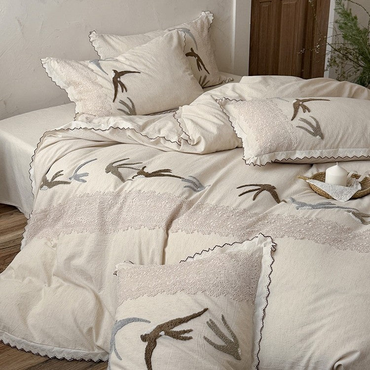 Duvet Cover Set Cotton-Linen Embroidered Swallow & Lace 4-Piece
