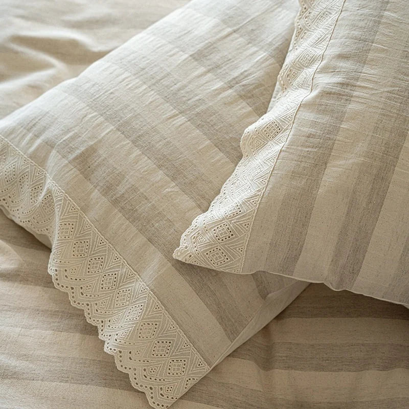 Duvet Cover Set Cotton-Linen Fine Stripe & Lace Hem