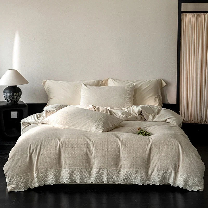 Duvet Cover Set Cotton-Linen Fine Stripe & Lace Hem