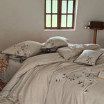 Duvet Cover Set Cotton-Linen Floral Embroidery Tied Pillowcases