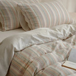 Duvet Cover Set Cotton-Linen Quilted Stripes 4 Piece