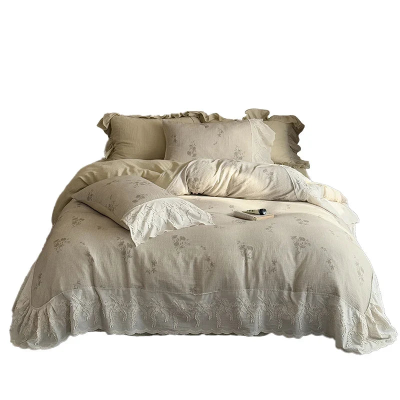 Duvet Cover Set Cotton-Linen Tonal Embroidery & Lace Trim