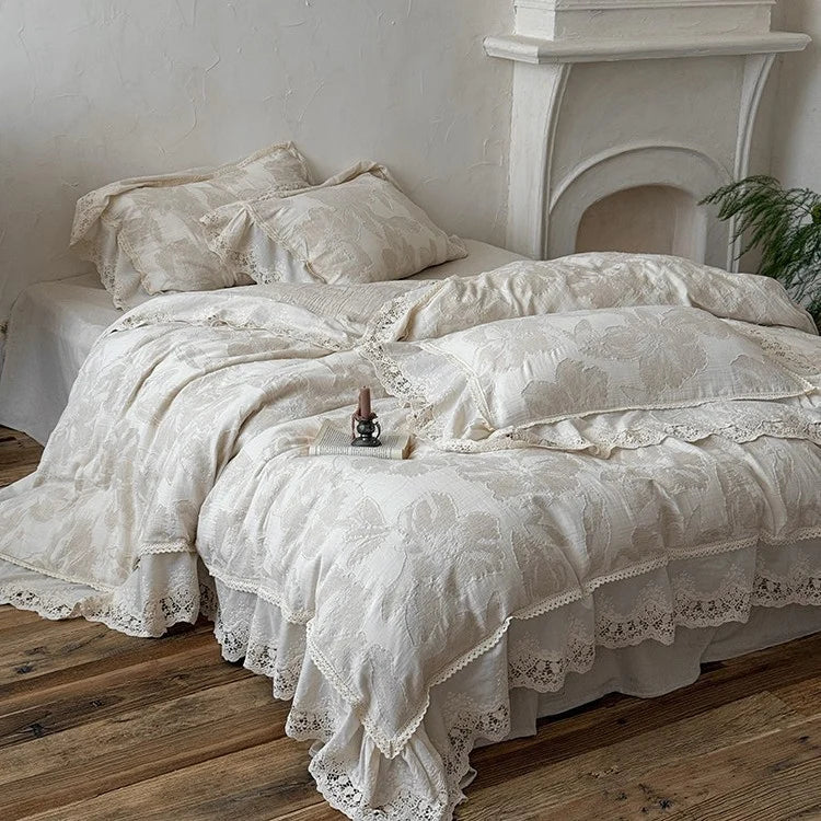 Duvet Cover Set Cotton-Linen Vintage Floral Lace Trim