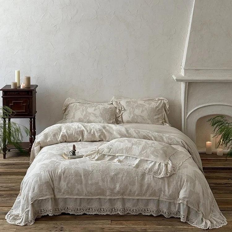 Duvet Cover Set Cotton-Linen Vintage Floral Lace Trim