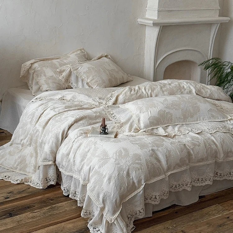 Duvet Cover Set Cotton-Linen Vintage Floral Lace Trim