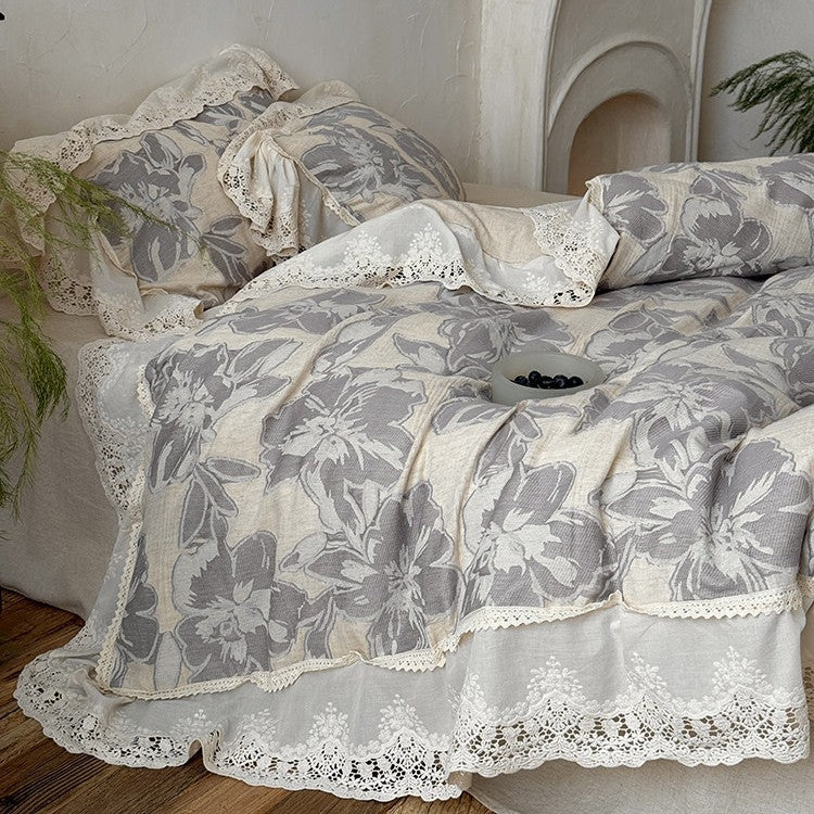 Duvet Cover Set Cotton-Linen Vintage Floral Lace Trim