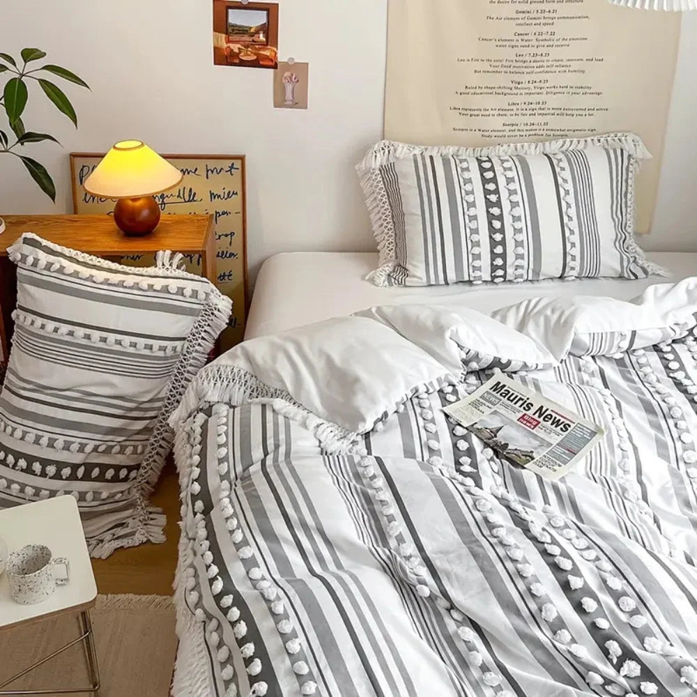 Duvet Cover Set Cotton Microfiber Blend Tufted Stripe & Tassels