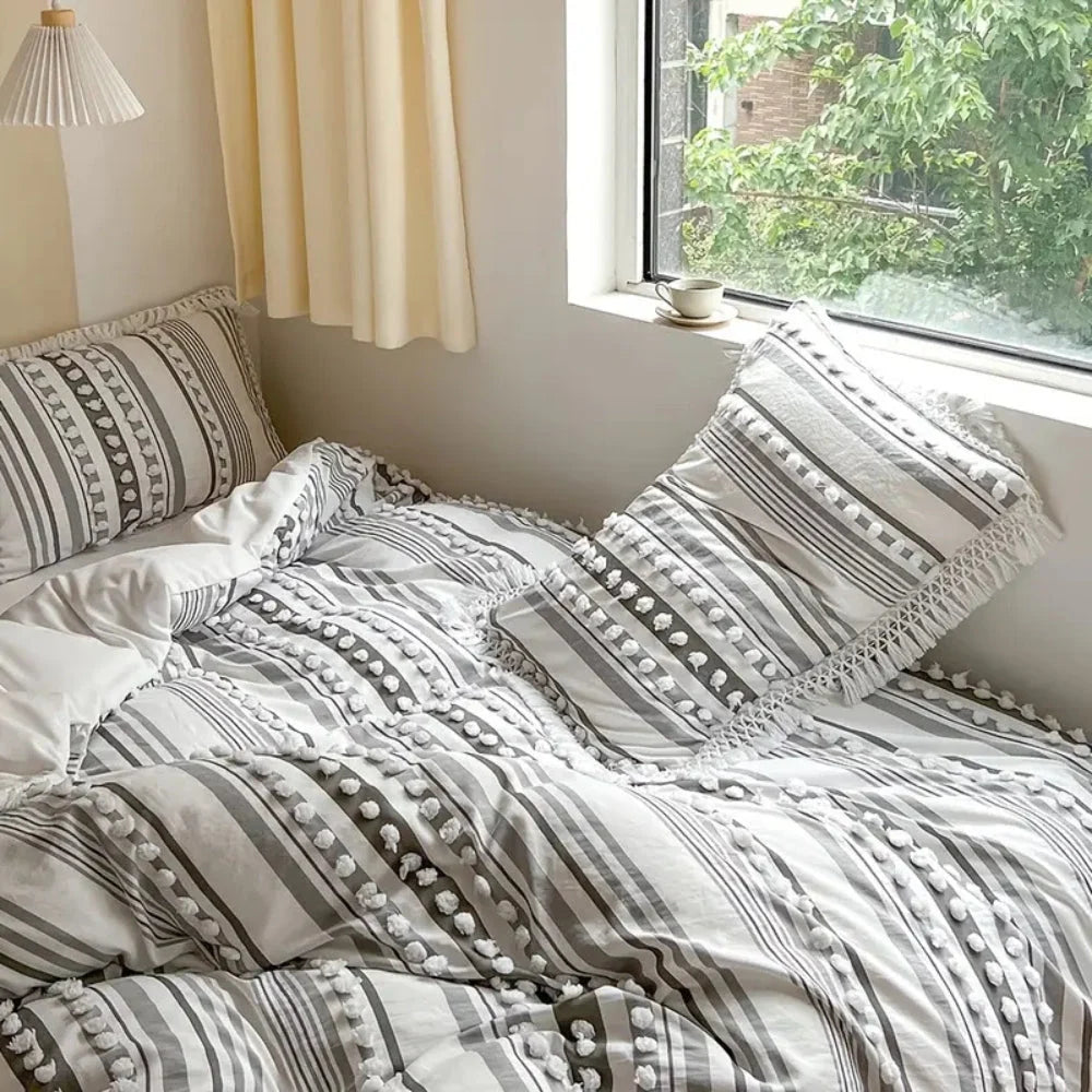 Duvet Cover Set Cotton Microfiber Blend Tufted Stripe & Tassels