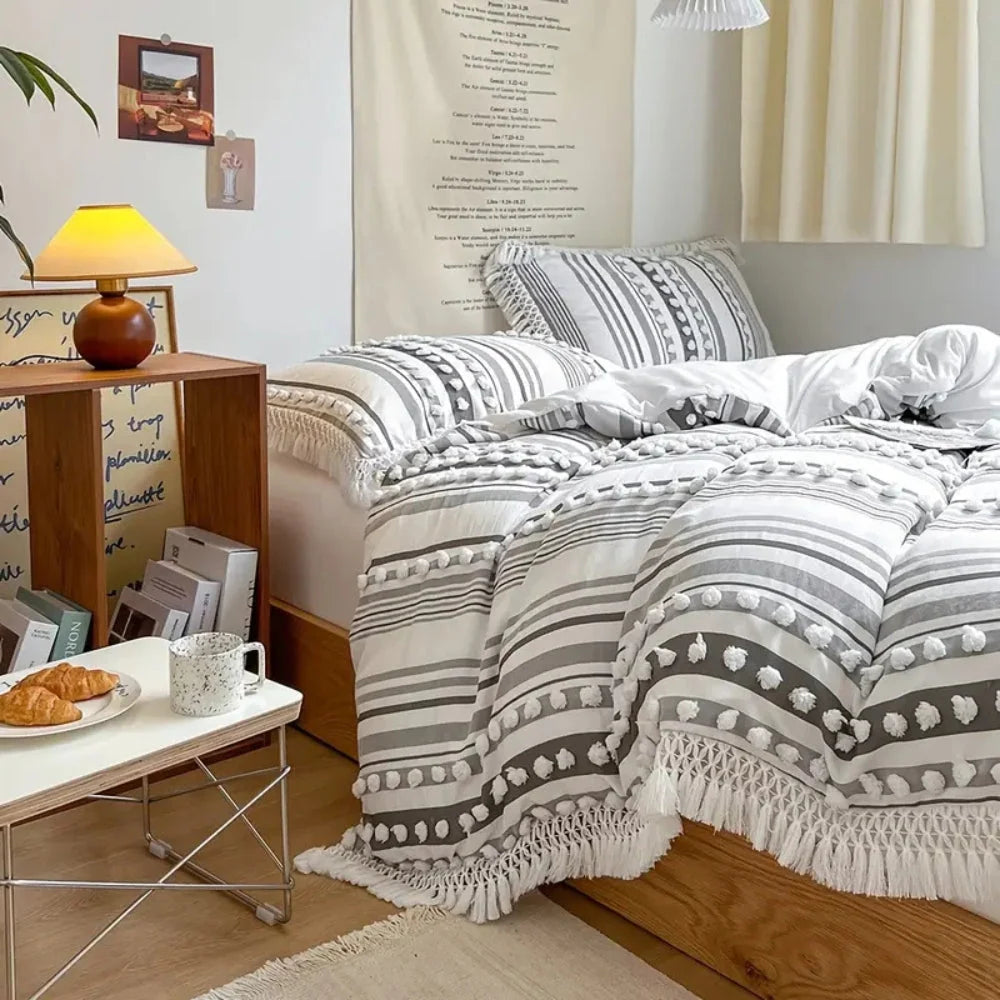 Duvet Cover Set Cotton Microfiber Blend Tufted Stripe & Tassels