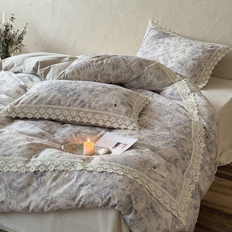Duvet Cover Set Cotton Percale Botanical Print Lace Trim