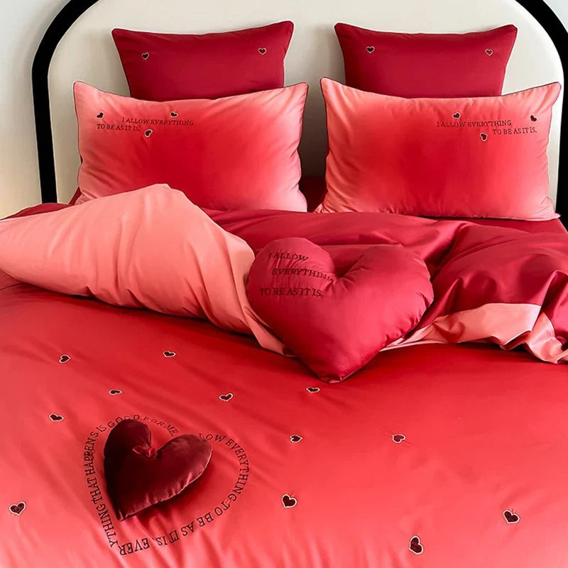 Duvet Cover Set Cotton Percale Reversible 3D Heart Applique