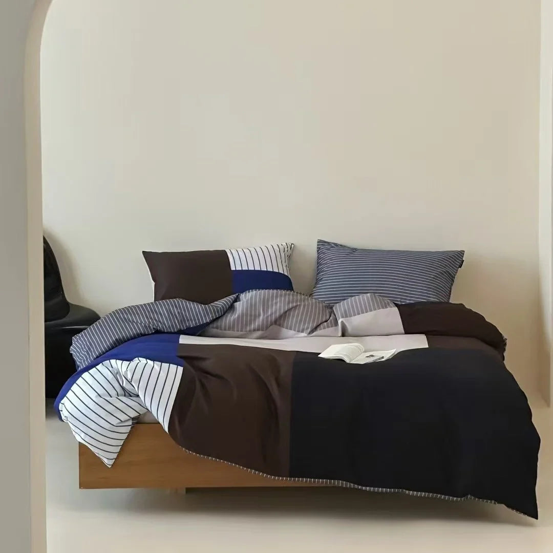 Duvet Cover Set Cotton Percale Reversible Block & Stripe