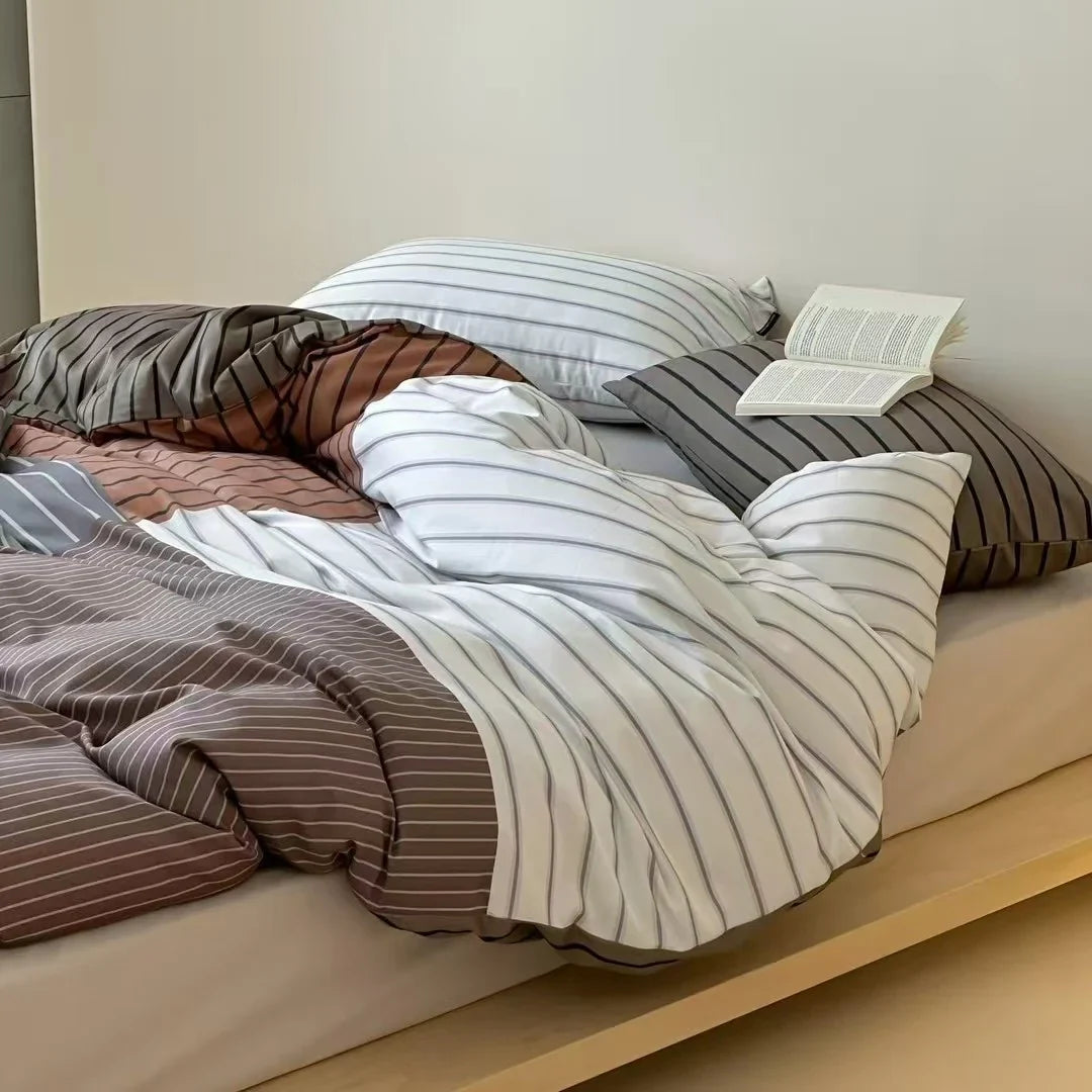 Duvet Cover Set Cotton Percale Reversible Block & Stripe