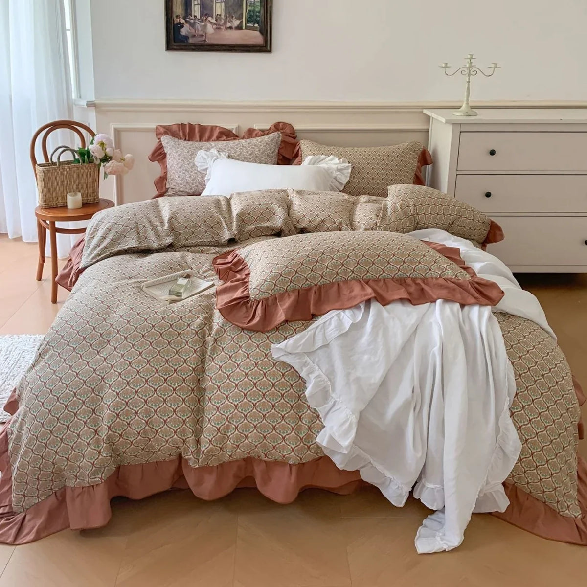 Duvet Cover Set Cotton Percale Reversible Floral & Ruffle Trim