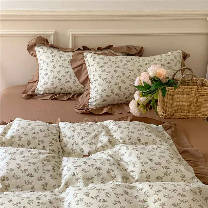 Duvet Cover Set Cotton Percale Reversible Floral & Ruffle Trim