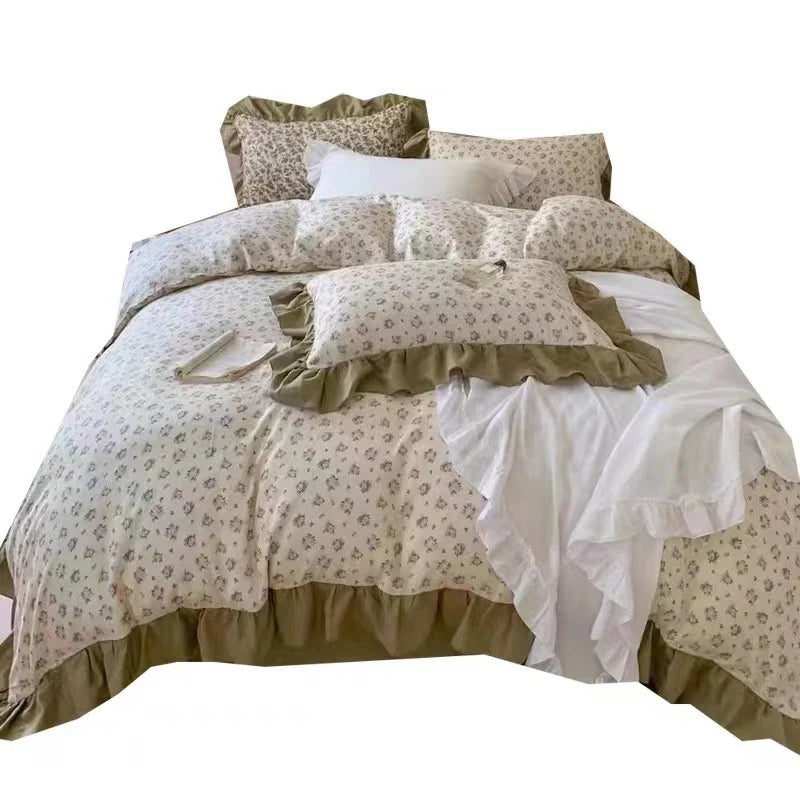 Duvet Cover Set Cotton Percale Reversible Floral & Ruffle Trim