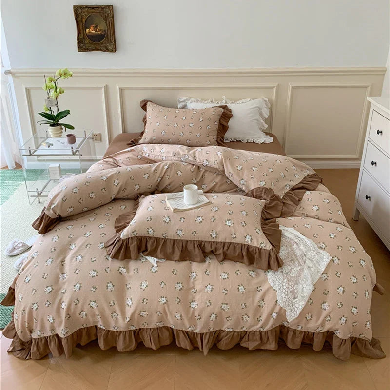 Duvet Cover Set Cotton Percale Reversible Floral & Ruffle Trim