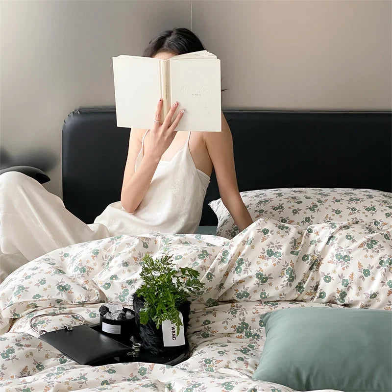 Duvet Cover Set Cotton Percale Reversible Wildflower Print 4-Piece