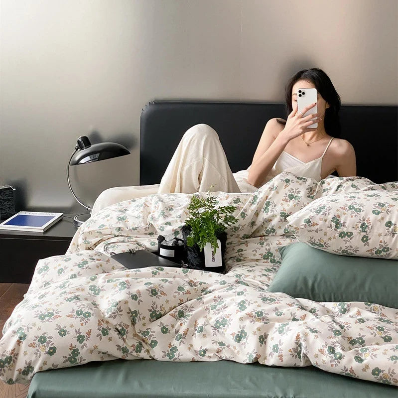 Duvet Cover Set Cotton Percale Reversible Wildflower Print 4-Piece
