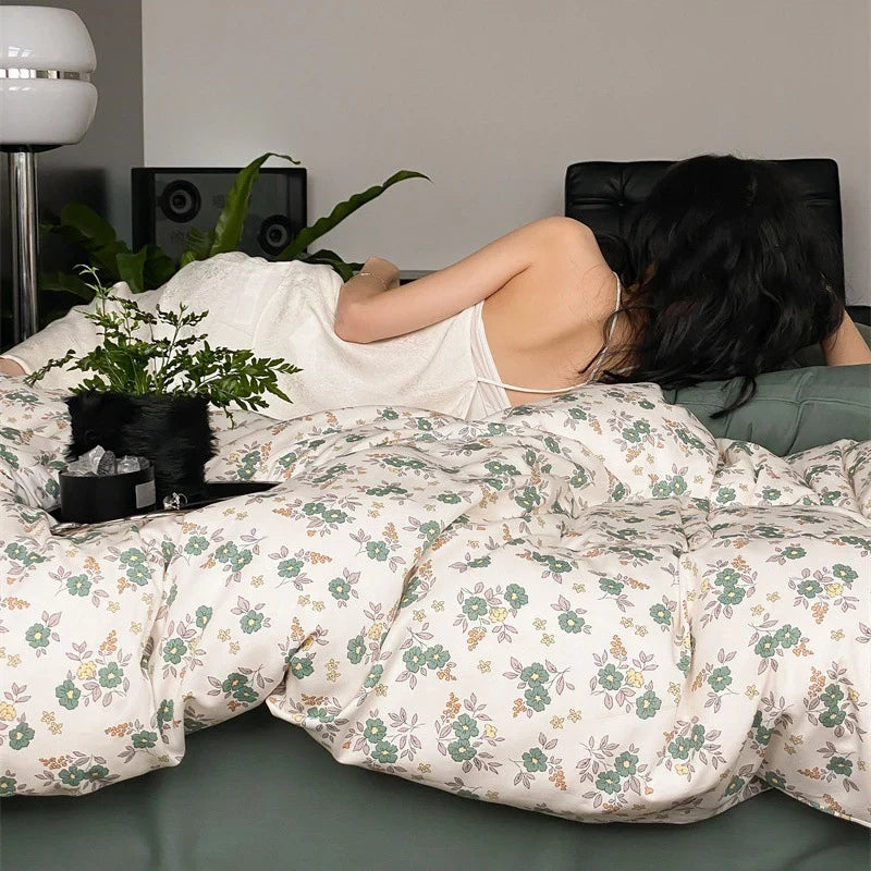 Duvet Cover Set Cotton Percale Reversible Wildflower Print 4-Piece