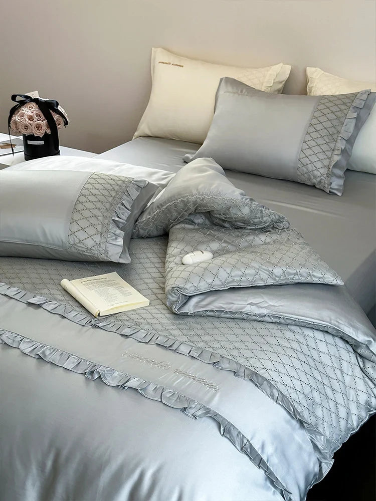 Duvet Cover Set Cotton Satin Diamond-Quilted Breathable