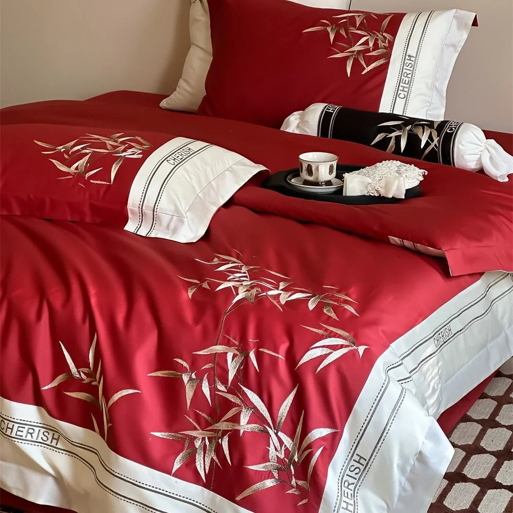 Duvet Cover Set Cotton Satin Embroidered Bamboo & Pillowcases