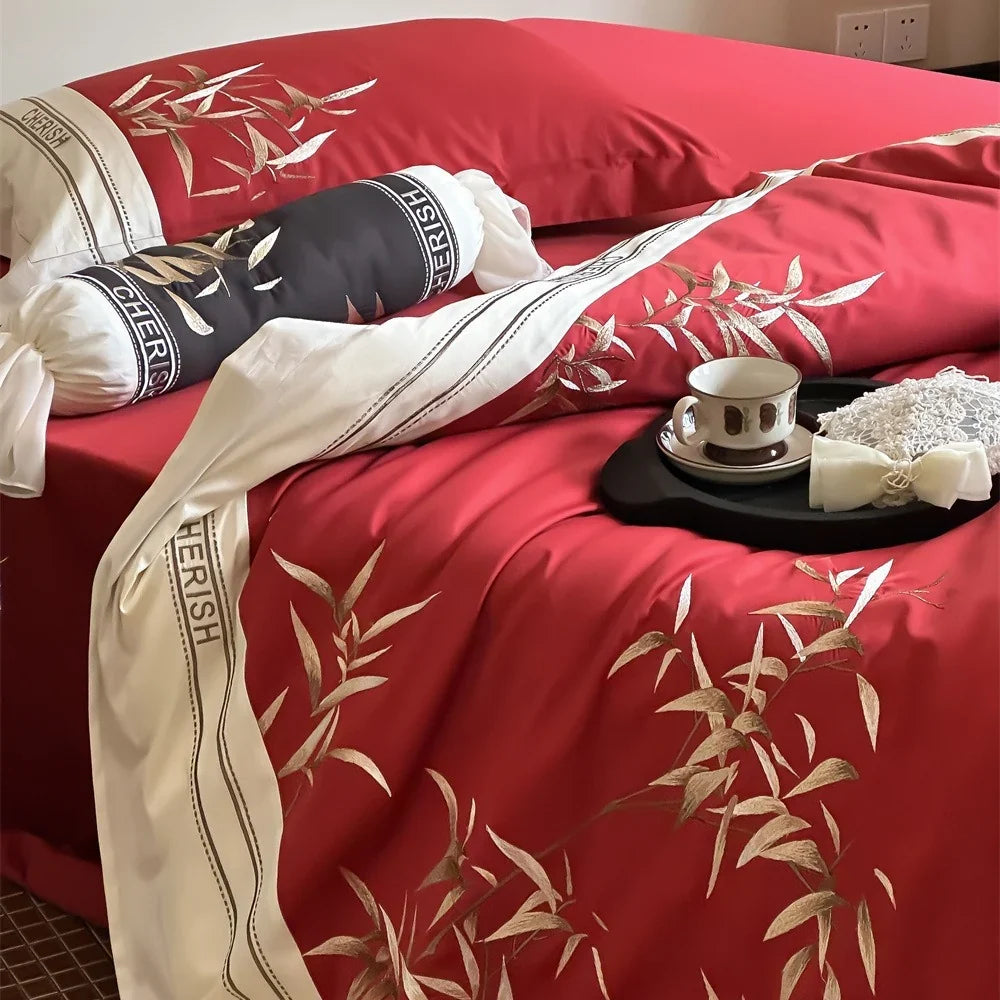 Duvet Cover Set Cotton Satin Embroidered Bamboo & Pillowcases