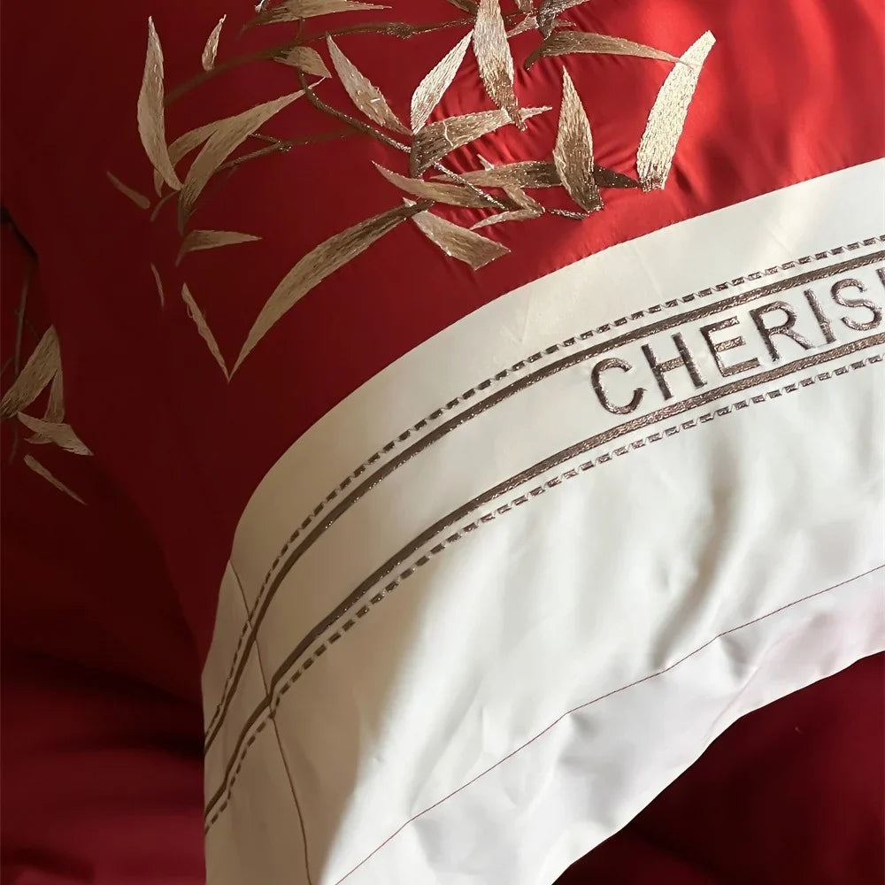 Duvet Cover Set Cotton Satin Embroidered Bamboo & Pillowcases